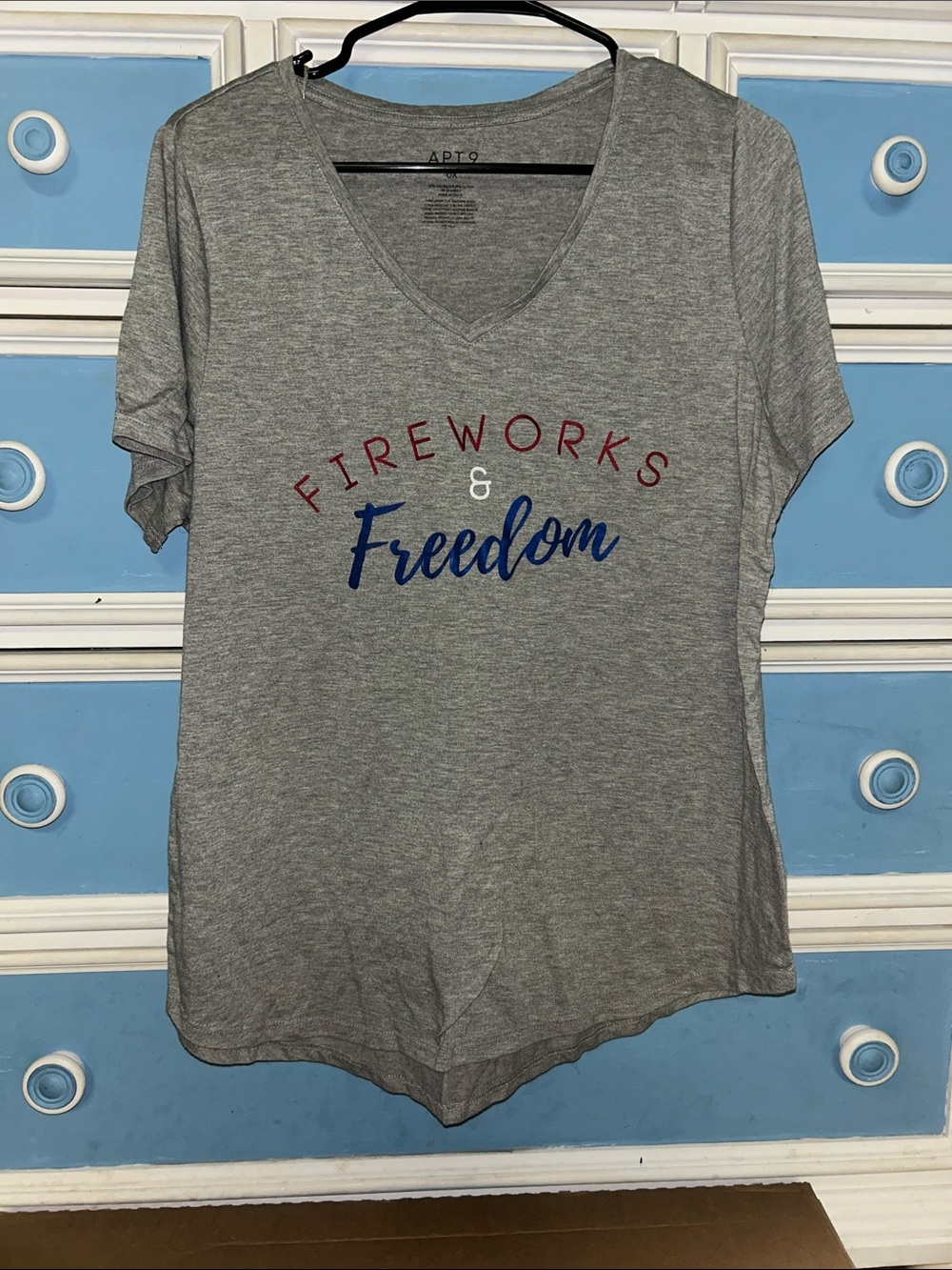 Apt. 9 Gray V-Neck Tee with Red & Blue 'Fireworks & Freedom' Graphic